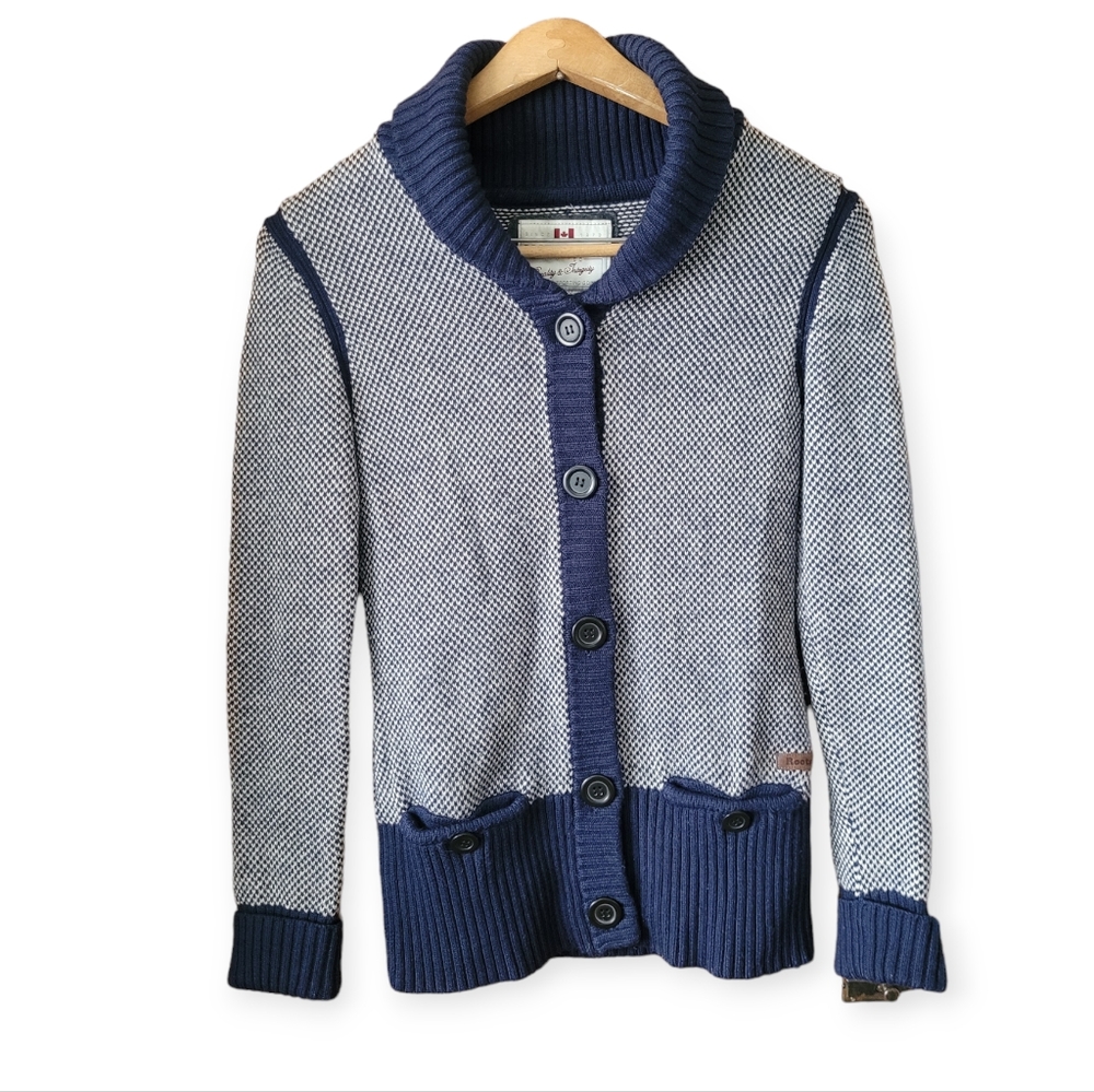 ROOTS Canada Heritage Cabin Shawl Collar Knit Cardigan Blue White XS